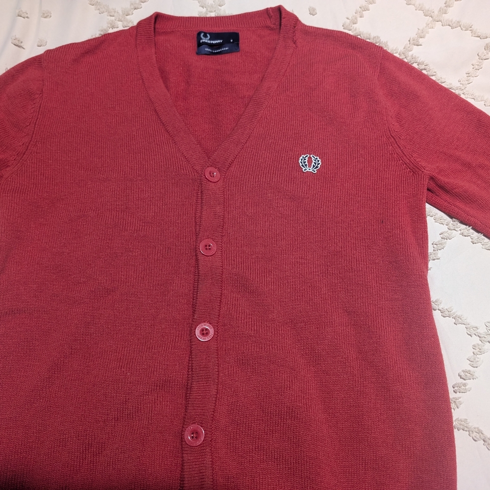 Mens Fred Perry V-Neck Red Cardigan Size Small